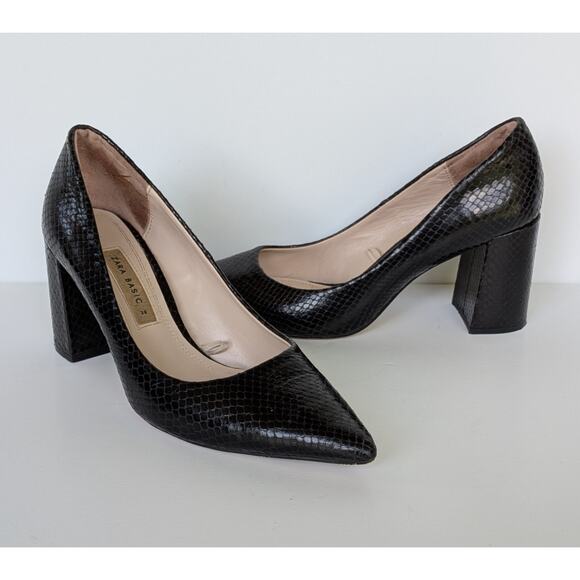 Zara Black Faux Leather Snakeskin Pointed Toe Block Heel Pumps Shoes 38 Size 7.5 - Picture 1 of 7